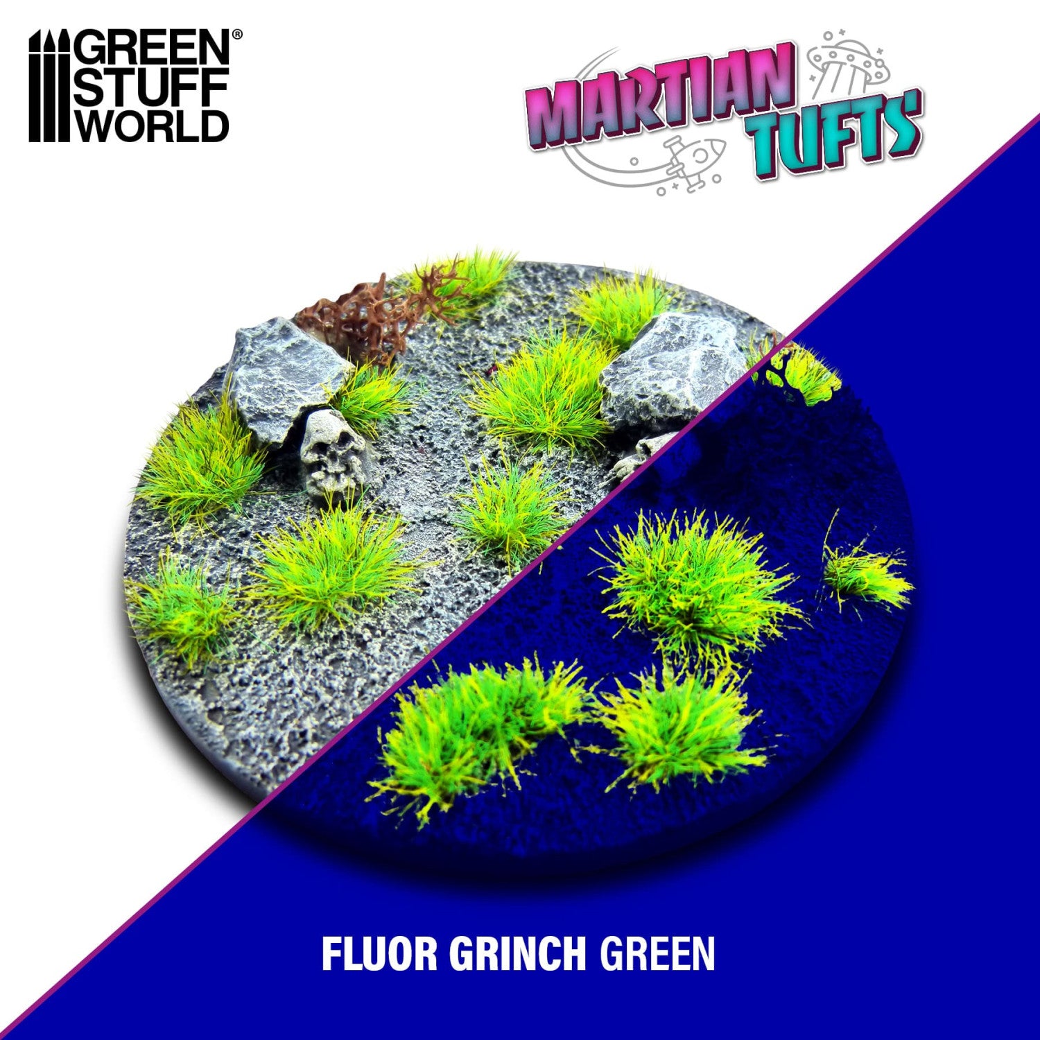 Green Stuff World Martian Fluor Tufts 6mm Fluor Grinch Green – kępki naklejone na podstawkę figurki tabletop, efekt marsjańskiej roślinności