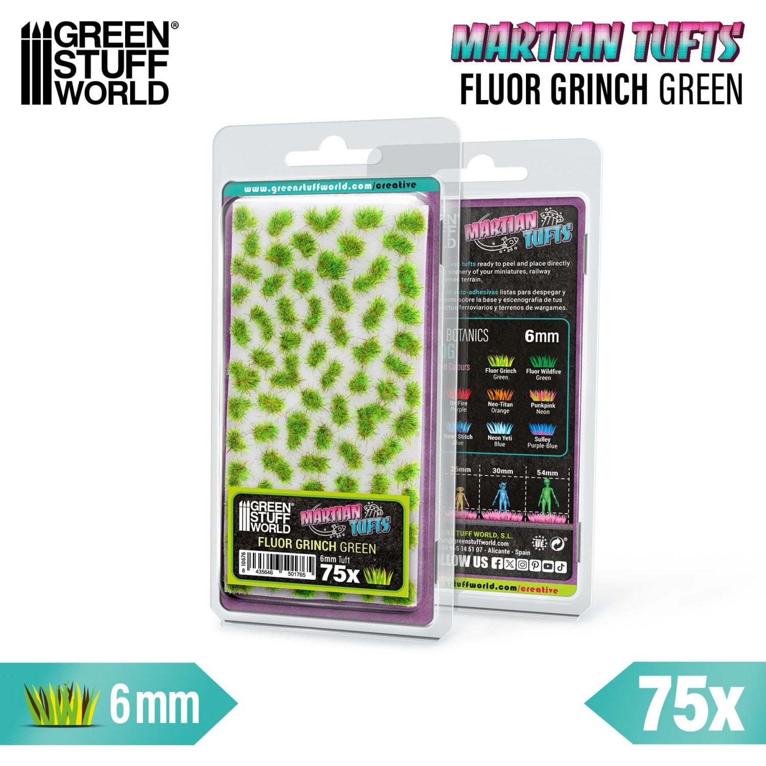 Green Stuff World Martian Fluor Tufts 6mm Fluor Grinch Green – oficjalne zdjęcie produktu, arkusz kępek na białym tle