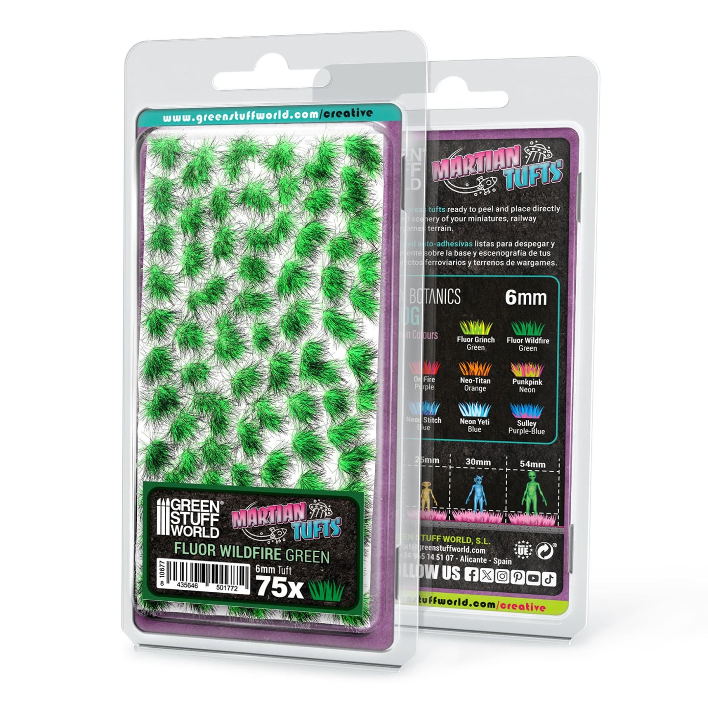 Martian Fluor Tufts Fluor Wildfire Green GSW - opakowanie front i tył blistera z 75 fluorescencyjnymi tuftami 6mm w kolorze zielonym