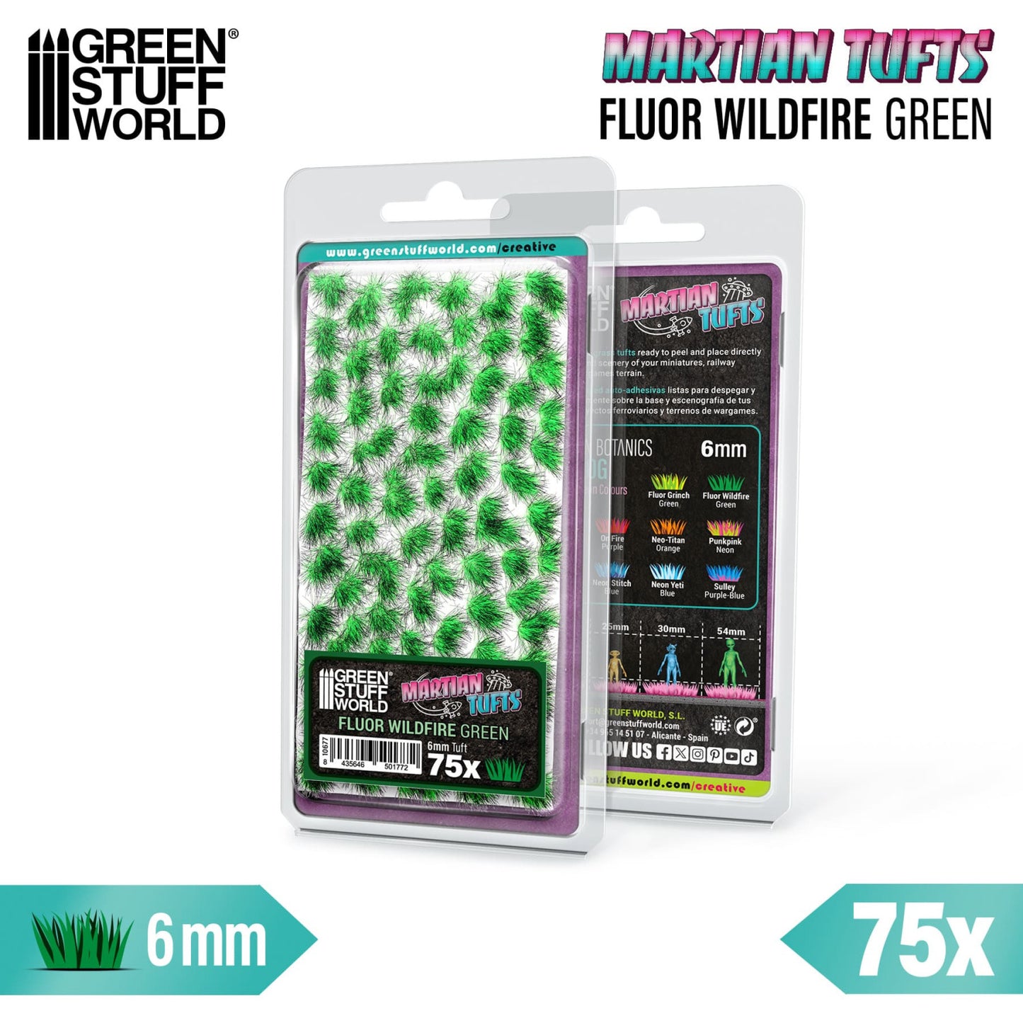 Martian Fluor Tufts Fluor Wildfire Green GSW - opakowanie front i tył z infografiką 6mm i 75 sztuk na białym tle