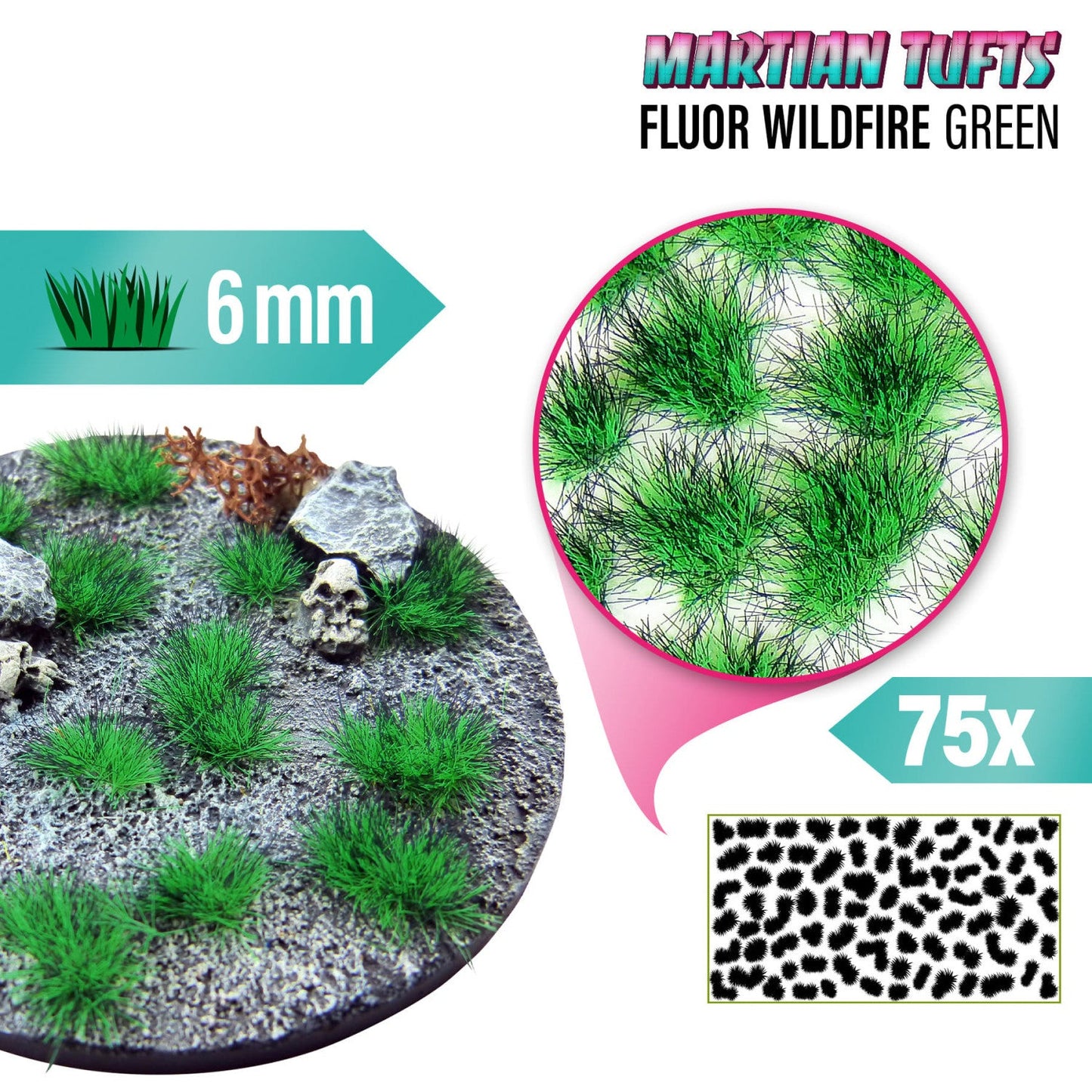 Martian Fluor Tufts Fluor Wildfire Green GSW - tufty na okrągłej podstawce sci-fi z czaszką ze zbliżeniem na teksturę włókna 6mm