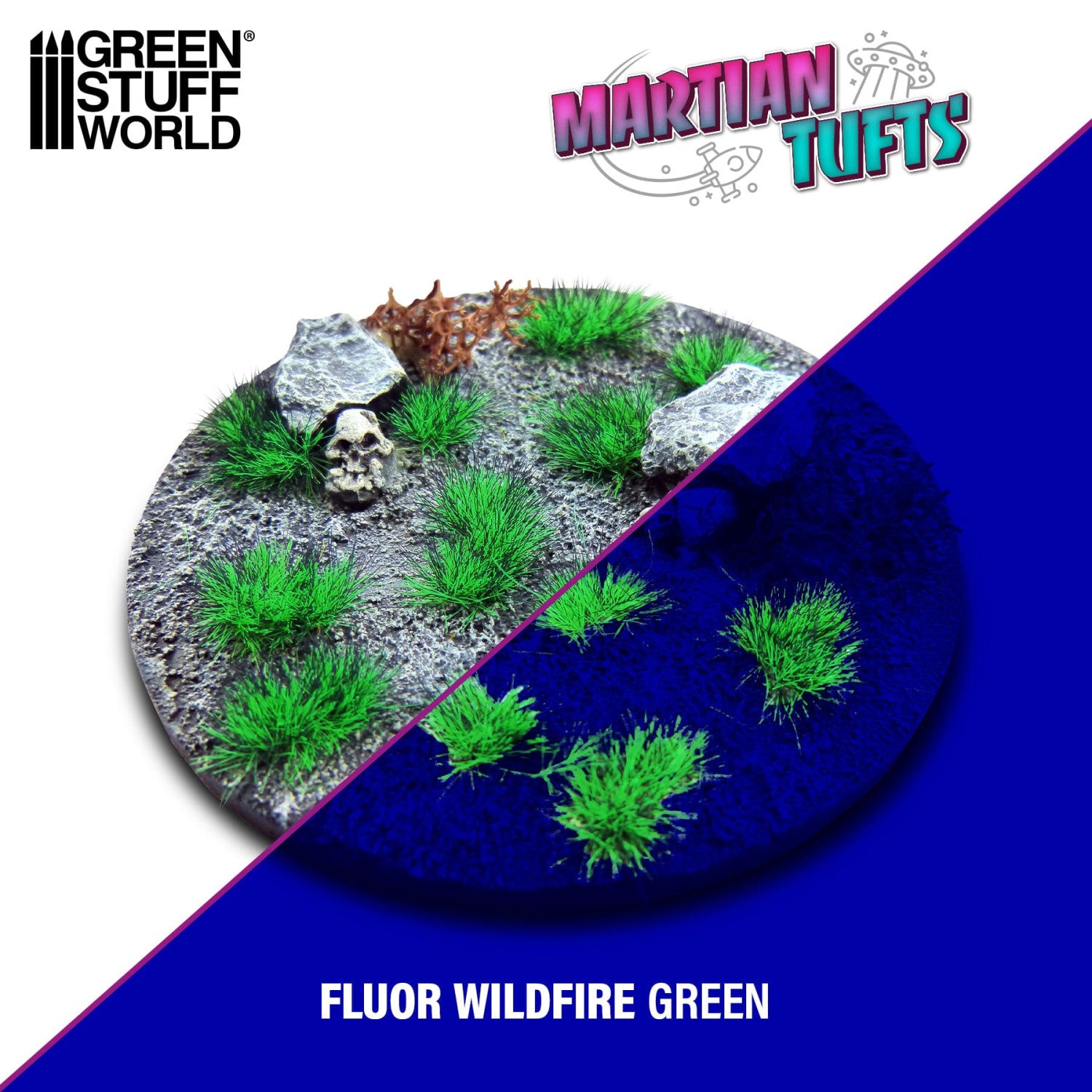 Martian Fluor Tufts Fluor Wildfire Green GSW - porównanie wyglądu w świetle dziennym i UV na okrągłej podstawce sci-fi z czaszką