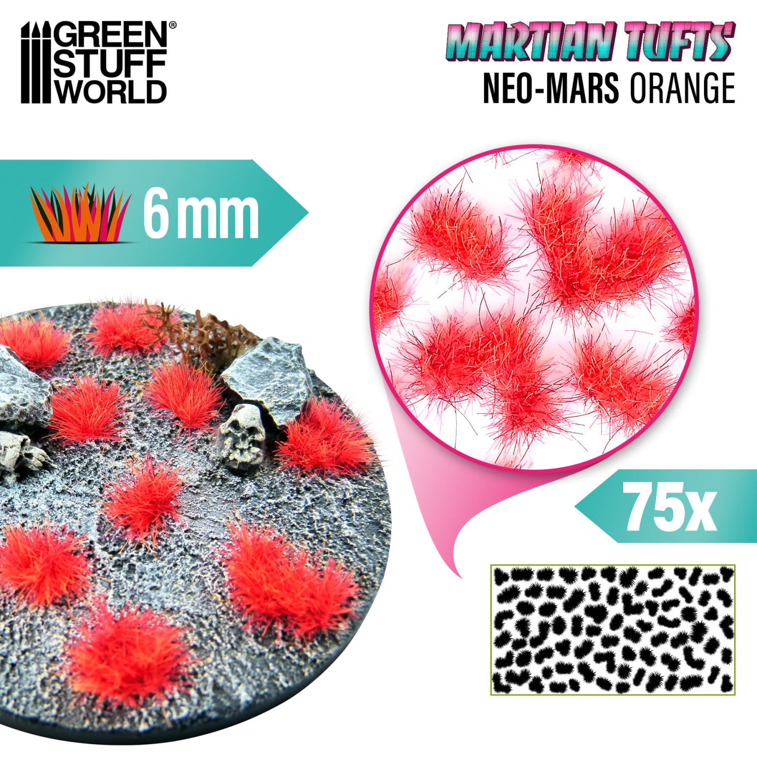 Zbliżenie na fluorescencyjne kępki traw Martian Fluor Tufts 6mm Neo-Mars Orange – intensywny kolor i tekstura włókien do baz figurek tabletop