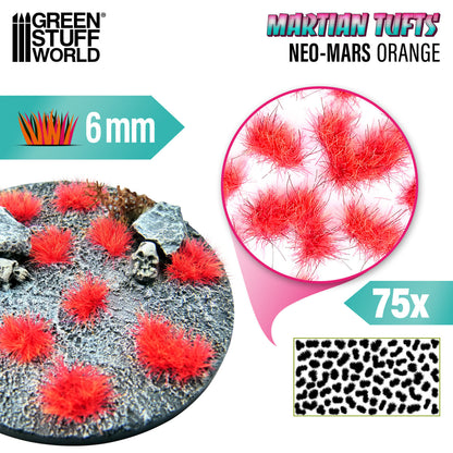 Zbliżenie na fluorescencyjne kępki traw Martian Fluor Tufts 6mm Neo-Mars Orange – intensywny kolor i tekstura włókien do baz figurek tabletop
