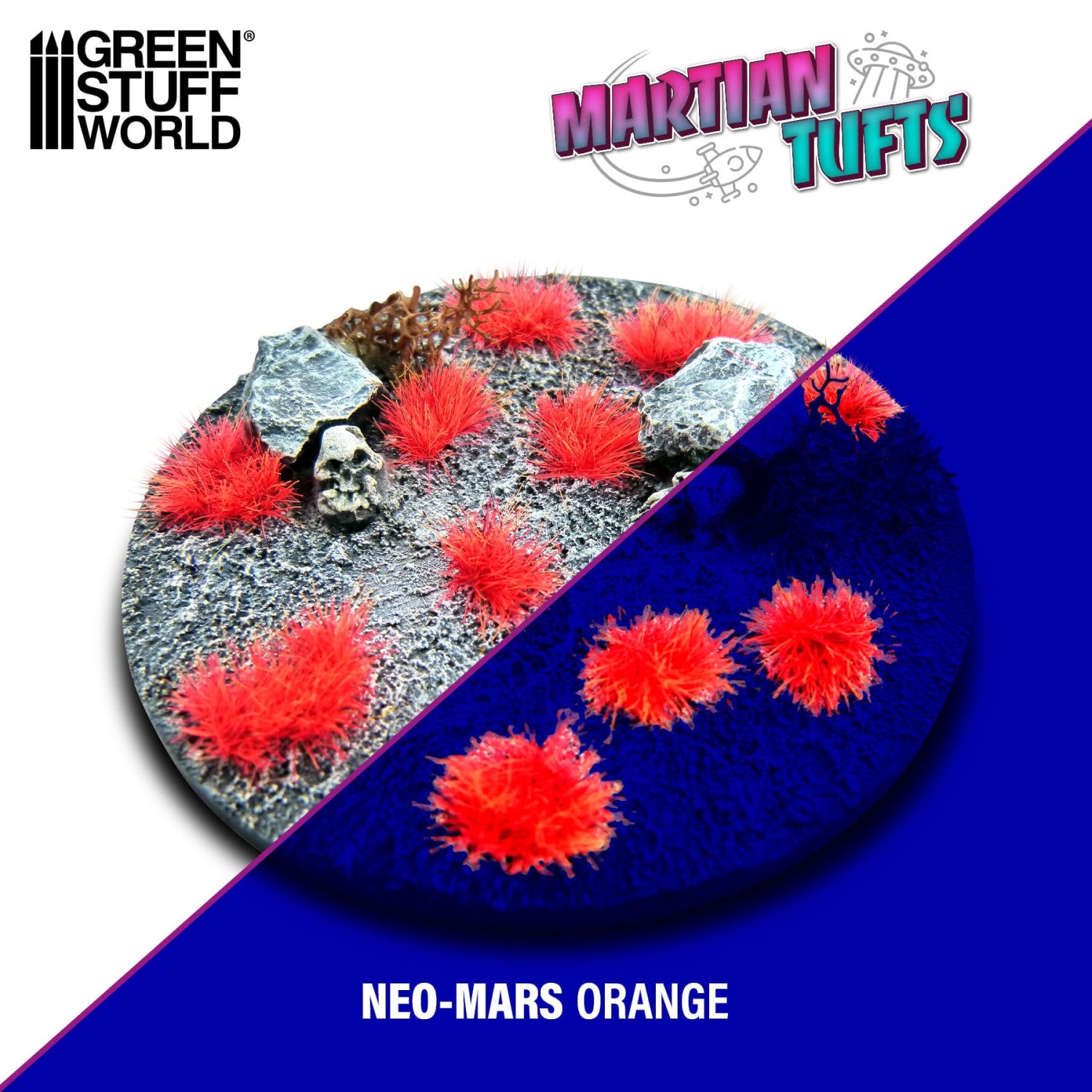 Detal fluorescencyjnych kępek marsjańskich 6mm Neo-Mars Orange – porównanie koloru i skali, zastosowanie w modelarstwie i grach figurkowych