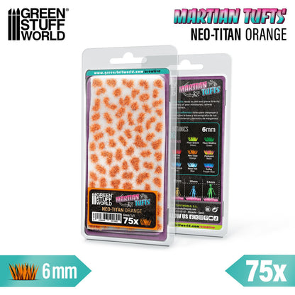 Martian Fluor Tufts 6mm Neo-Titan Orange Green Stuff World - opakowanie przód i tył z paletą kolorów serii Martian Botanics i skal 25mm 30mm 54mm
