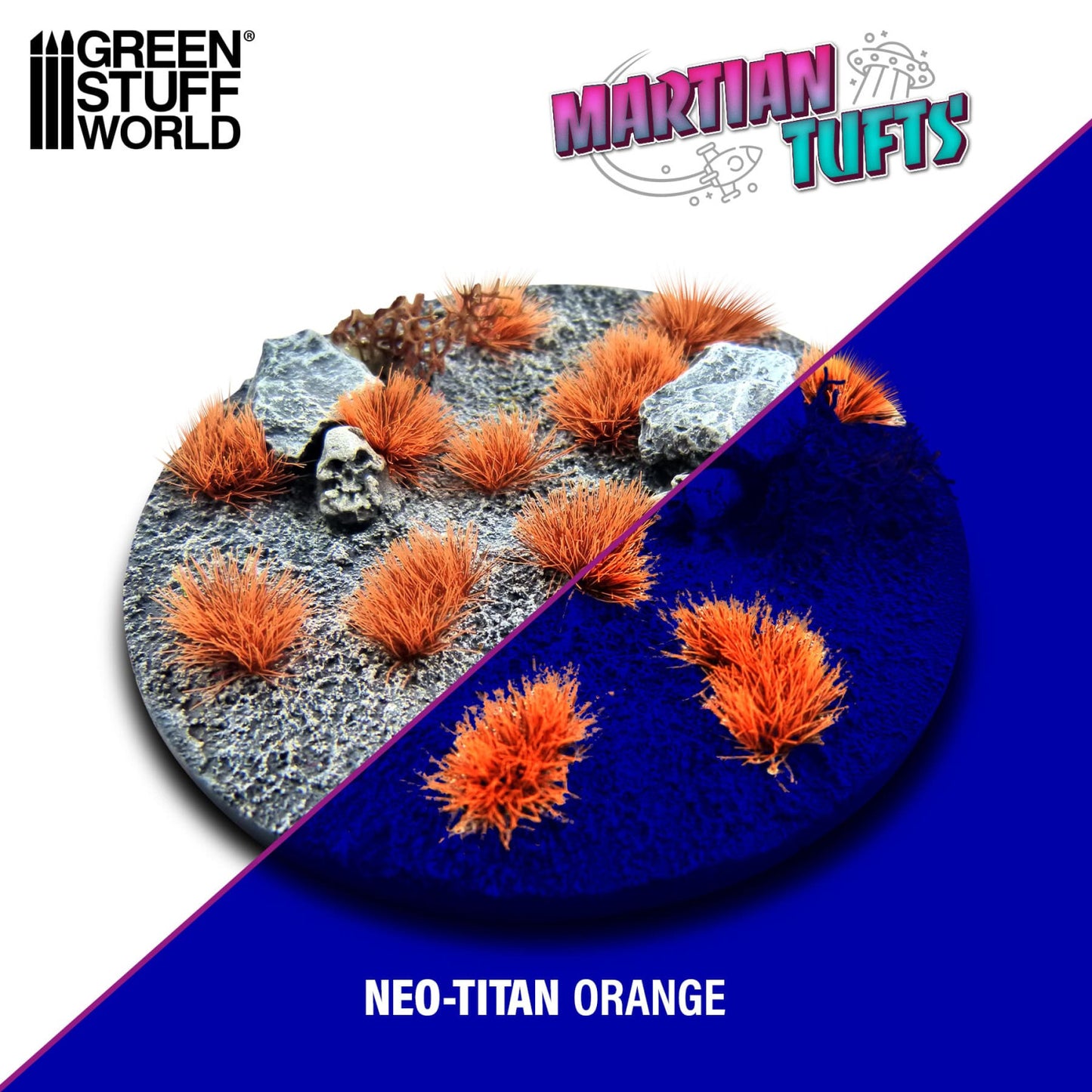 Martian Fluor Tufts 6mm Neo-Titan Orange Green Stuff World - porównanie wyglądu podstawki w świetle dziennym i pod UV: pomarańczowe kępki świecące neonem na ciemnym tle
