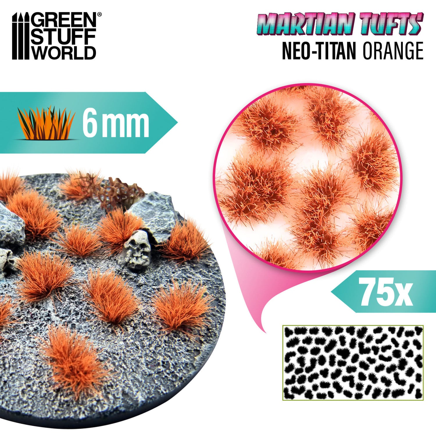 Martian Fluor Tufts 6mm Neo-Titan Orange Green Stuff World - podstawka sci-fi z czaszką i kamieniami ozdobiona pomarańczowymi kępkami, zbliżenie na teksturę włókien i układ 75 sztuk na arkuszu
