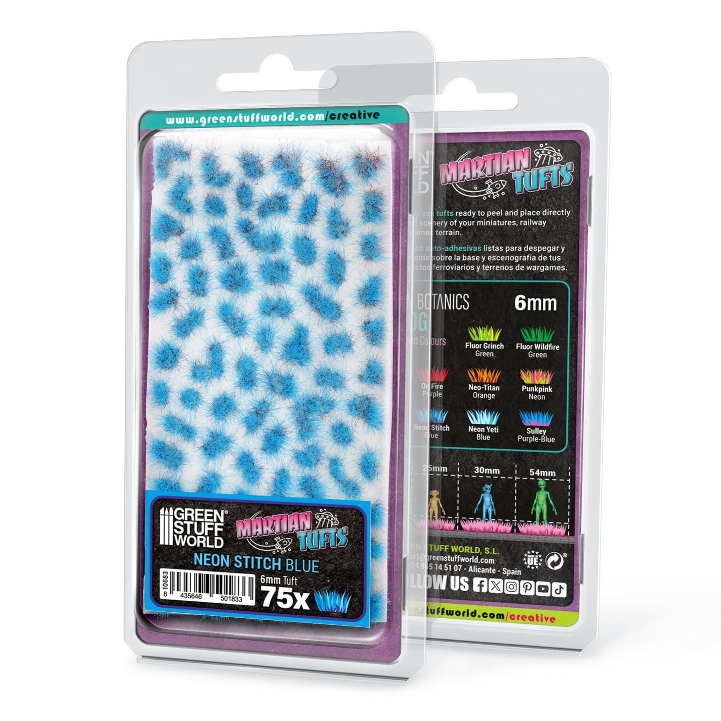 Martian Fluor Tufts Neon Stitch Blue GSW - opakowanie front i tył blistera z 75 neonowymi niebieskimi tuftami 6mm Martian Tufts