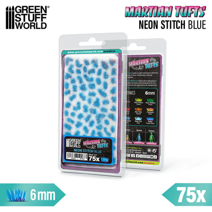 Martian Fluor Tufts Neon Stitch Blue GSW - opakowanie front i tył z infografiką 6mm i 75 sztuk oraz porównaniem kolorów serii Martian Botanics