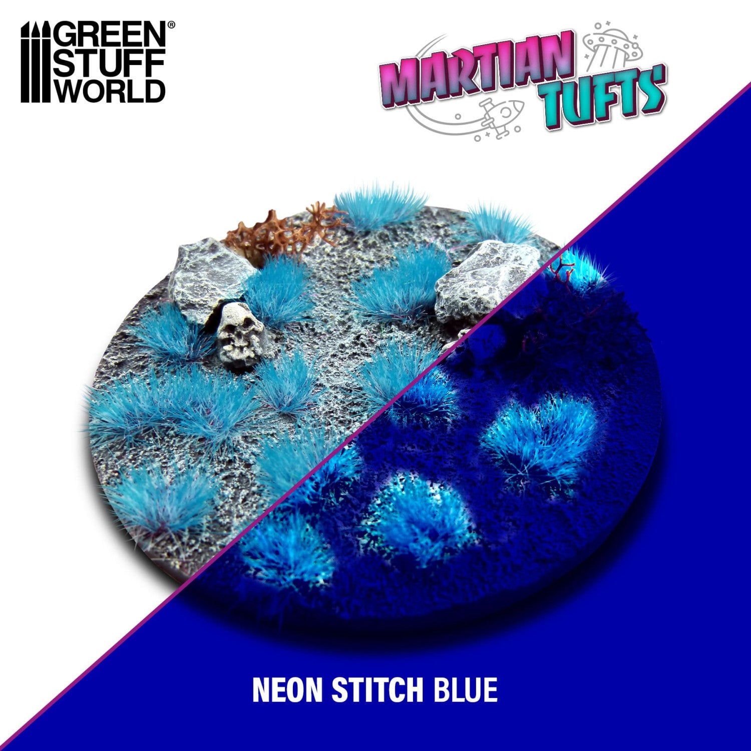 Martian Fluor Tufts Neon Stitch Blue GSW - porównanie wyglądu w świetle dziennym i UV na okrągłej podstawce sci-fi z czaszką i kamieniami