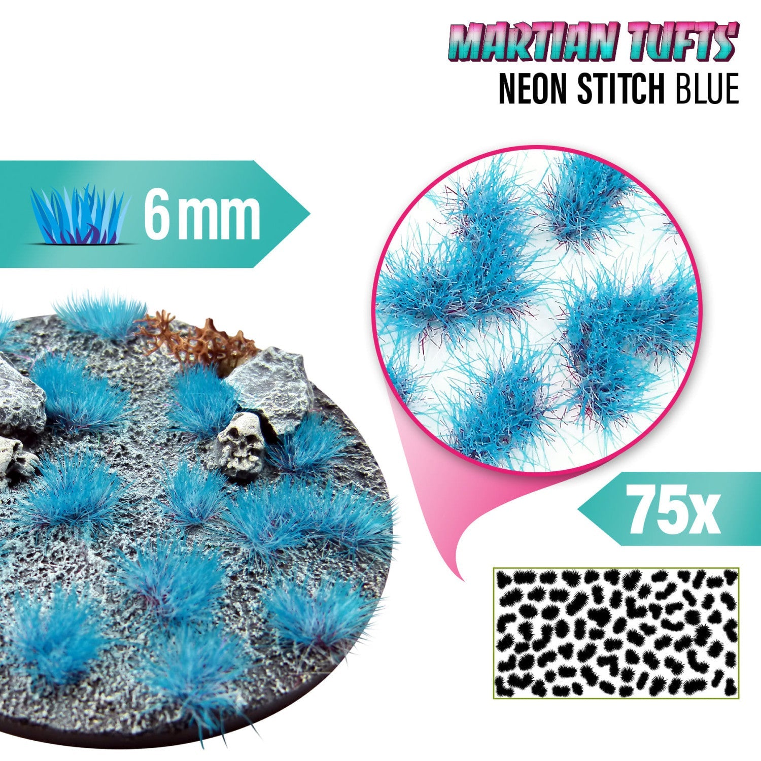 Martian Fluor Tufts Neon Stitch Blue GSW - tufty 6mm na okrągłej podstawce sci-fi z czaszką ze zbliżeniem na teksturę włókna i infografiką 75x