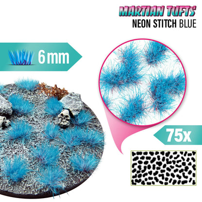 Martian Fluor Tufts Neon Stitch Blue GSW - tufty 6mm na okrągłej podstawce sci-fi z czaszką ze zbliżeniem na teksturę włókna i infografiką 75x