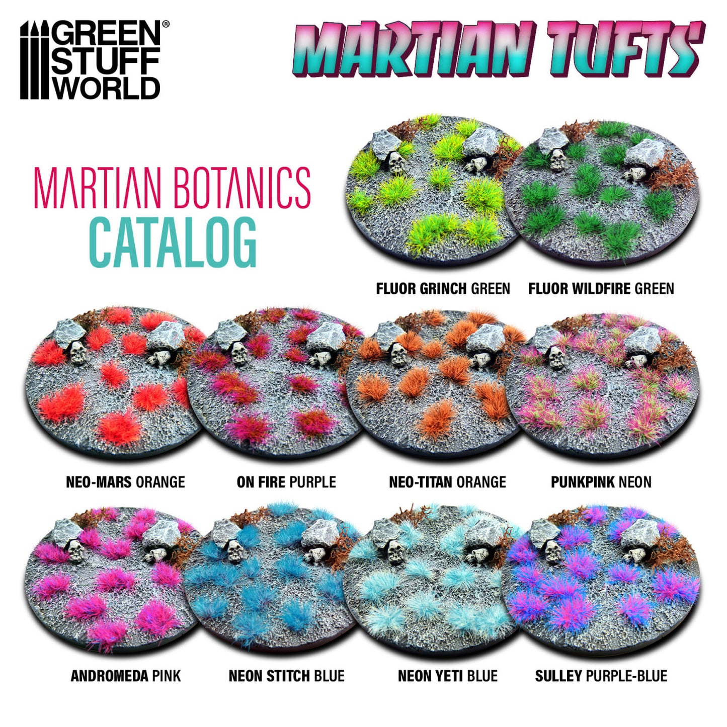 Martian Botanics Catalog GSW - porównanie wszystkich kolorów serii Martian Tufts 6mm na podstawkach: Neon Stitch Blue, Fluor Wildfire Green, Punkpink Neon i inne