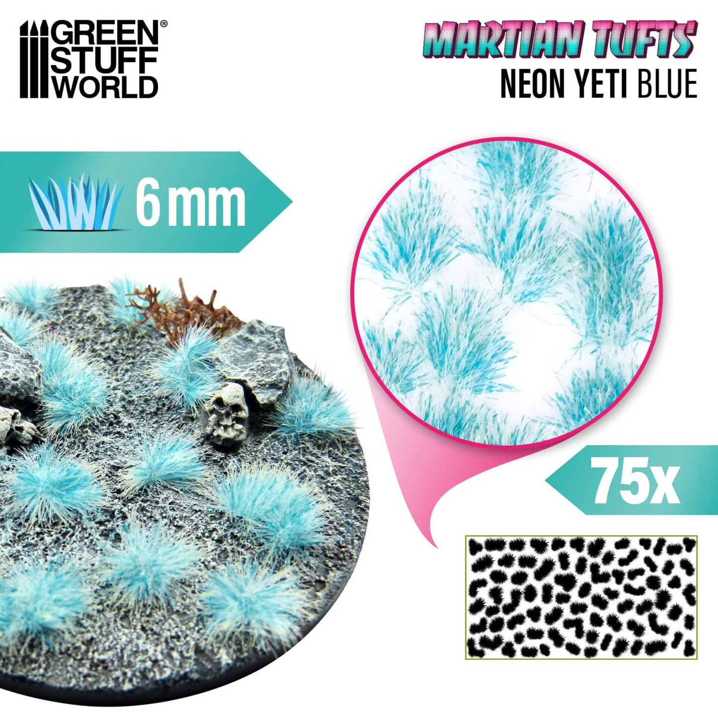Martian Fluor Tufts 6mm Neon Yeti Blue Green Stuff World - kępki błękitno-białej fluorescencyjnej trawy na okrągłej podstawce sci-fi z czaszką i kamieniami, zbliżenie na teksturę włókien i układ 75 sztuk na arkuszu
