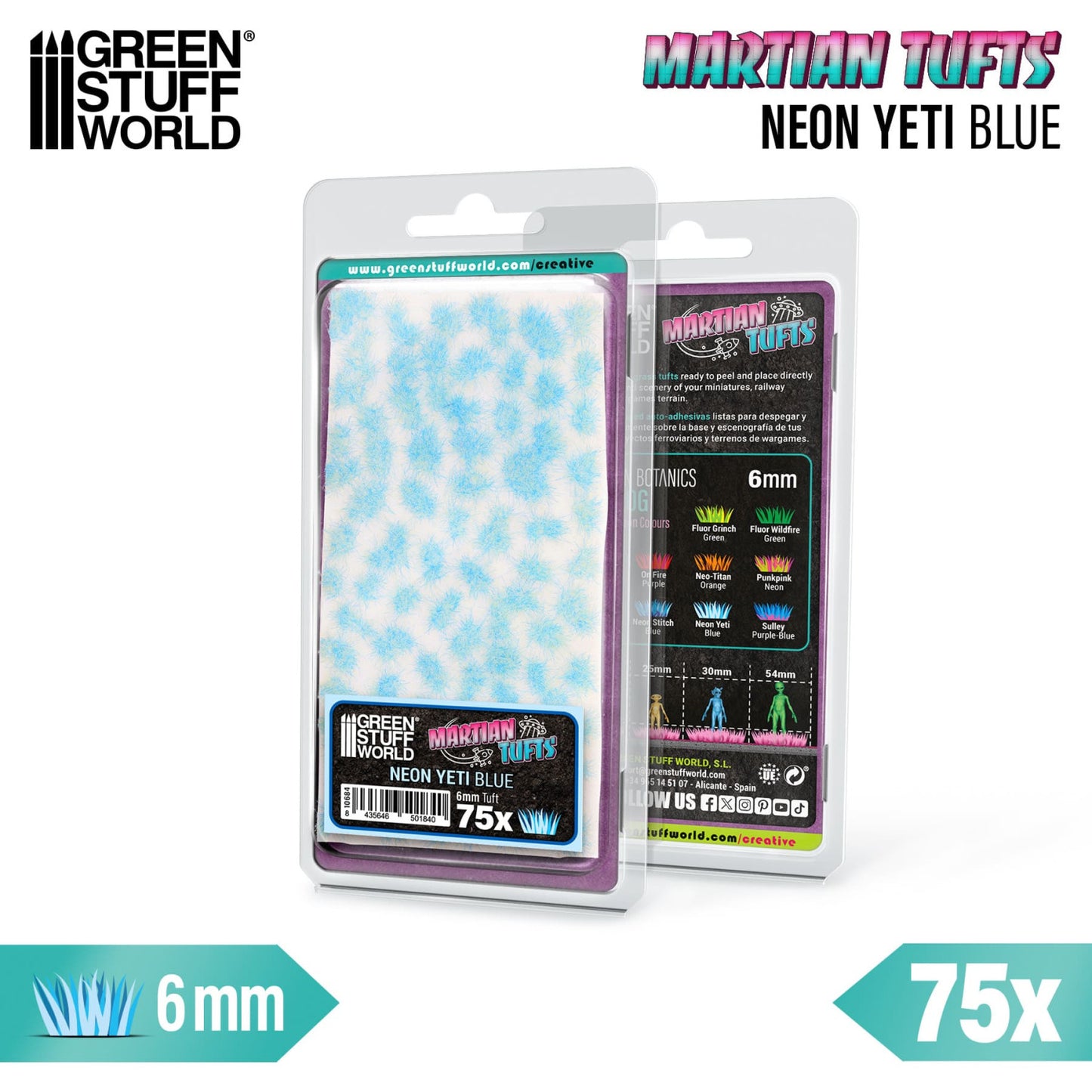 Martian Fluor Tufts 6mm Neon Yeti Blue Green Stuff World - opakowanie blister 75 sztuk serii Martian Tufts z opisem kolorów Botanics 6mm i skal 25mm 30mm 54mm, widok z przodu i tyłu
