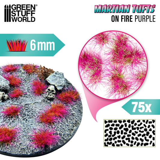 Martian Fluor Tufts 6mm On Fire Purple Green Stuff World - podstawka sci-fi z czaszką i kamieniami ozdobiona fluorescencyjnymi kępkami, zbliżenie na teksturę włókien i układ 75 sztuk na arkuszu
