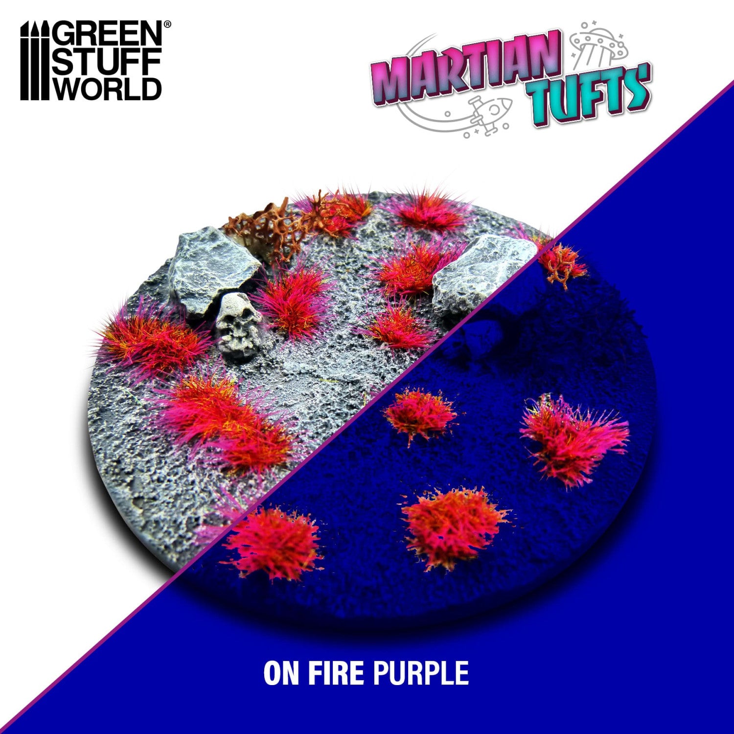 Martian Fluor Tufts 6mm On Fire Purple Green Stuff World - porównanie wyglądu podstawki w świetle dziennym i pod UV: fioletowo-różowe kępki świecące neonem na ciemnym tle
