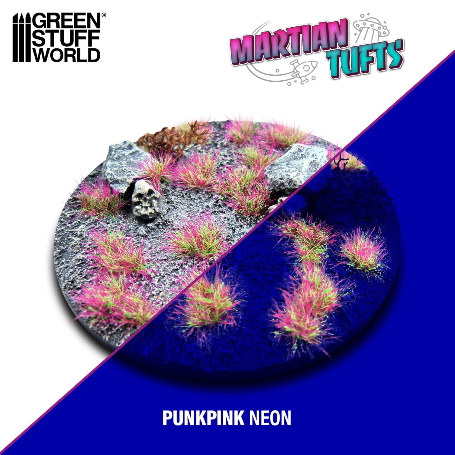 Martian Fluor Tufts 6mm Punkpink Neon Green Stuff World - porównanie wyglądu podstawki w świetle dziennym i UV: różowo-zielone kępki świecące neonem na ciemnym tle
