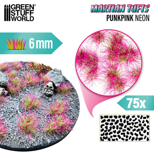 Martian Fluor Tufts 6mm Punkpink Neon Green Stuff World - kępki różowo-zielonej fluorescencyjnej trawy na okrągłej podstawce sci-fi z czaszką i kamieniami, zbliżenie na teksturę włókien i układ 75 sztuk na arkuszu
