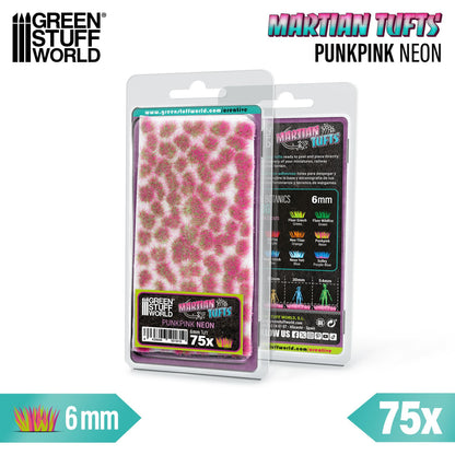 Martian Fluor Tufts 6mm Punkpink Neon Green Stuff World - opakowanie blister 75 sztuk serii Martian Tufts z opisem kolorów Botanics 6mm i skal 25mm 30mm 54mm, widok z przodu i tyłu
