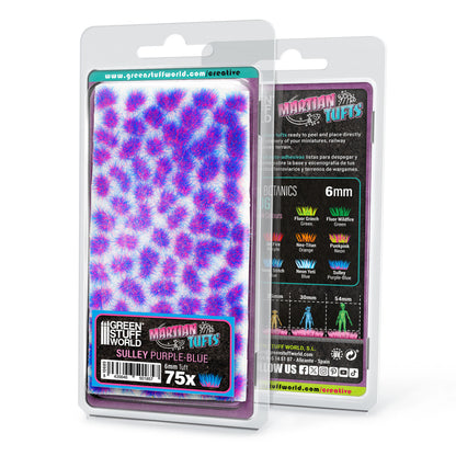 Martian Fluor Tufts 6mm Sulley Purple-Blue Green Stuff World - opakowanie blister 75 sztuk serii Martian Tufts, widok z przodu i tyłu z opisem kolorów Botanics 6mm i skal 25mm 30mm 54mm
