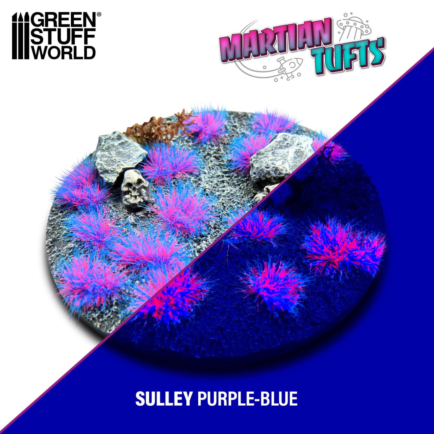 Martian Fluor Tufts 6mm Sulley Purple-Blue Green Stuff World - porównanie wyglądu podstawki w świetle dziennym i UV: fioletowo-niebieskie kępki świecące neonem na ciemnym tle
