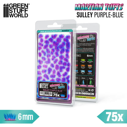 Martian Fluor Tufts 6mm Sulley Purple-Blue Green Stuff World - opakowanie blister 75 sztuk serii Martian Tufts z opisem kolorów Botanics 6mm i skal 25mm 30mm 54mm, widok z przodu i tyłu
