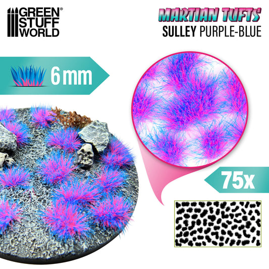 Martian Fluor Tufts 6mm Sulley Purple-Blue Green Stuff World - kępki fioletowo-niebieskiej fluorescencyjnej trawy na okrągłej podstawce sci-fi z czaszką i kamieniami, zbliżenie na teksturę włókien i układ 75 sztuk na arkuszu
