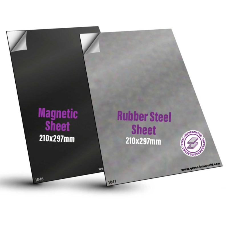 Magnetic Sheet COMBO Self Adhesive 9027 – zestaw dwóch arkuszy A4: Magnetic Sheet i Rubber Steel Sheet Green Stuff World na białym tle
