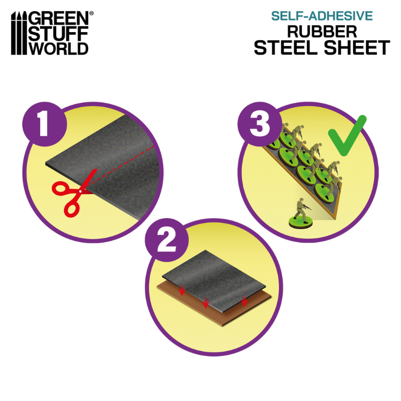 Magnetic Sheet COMBO Self Adhesive Green Stuff World – instrukcja użycia arkusza stalowego: wytnij nożyczkami, przyklej do tacki, umieść figurki
