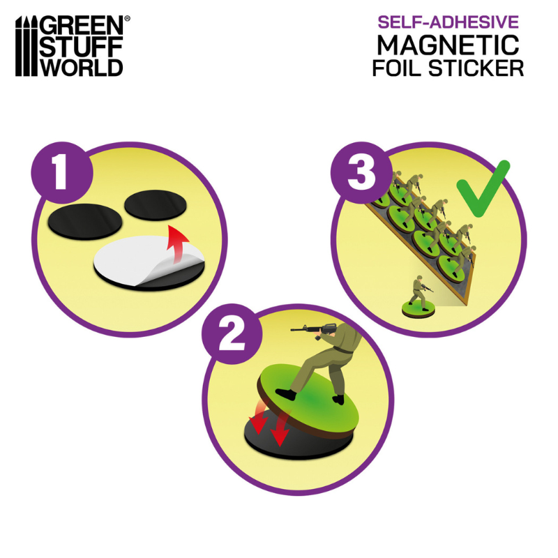 Magnetic Sheet COMBO GSW – instrukcja użycia arkusza magnetycznego: odklejenie folii, przyklejenie do podstawki figurki, magnetyzacja tacki
