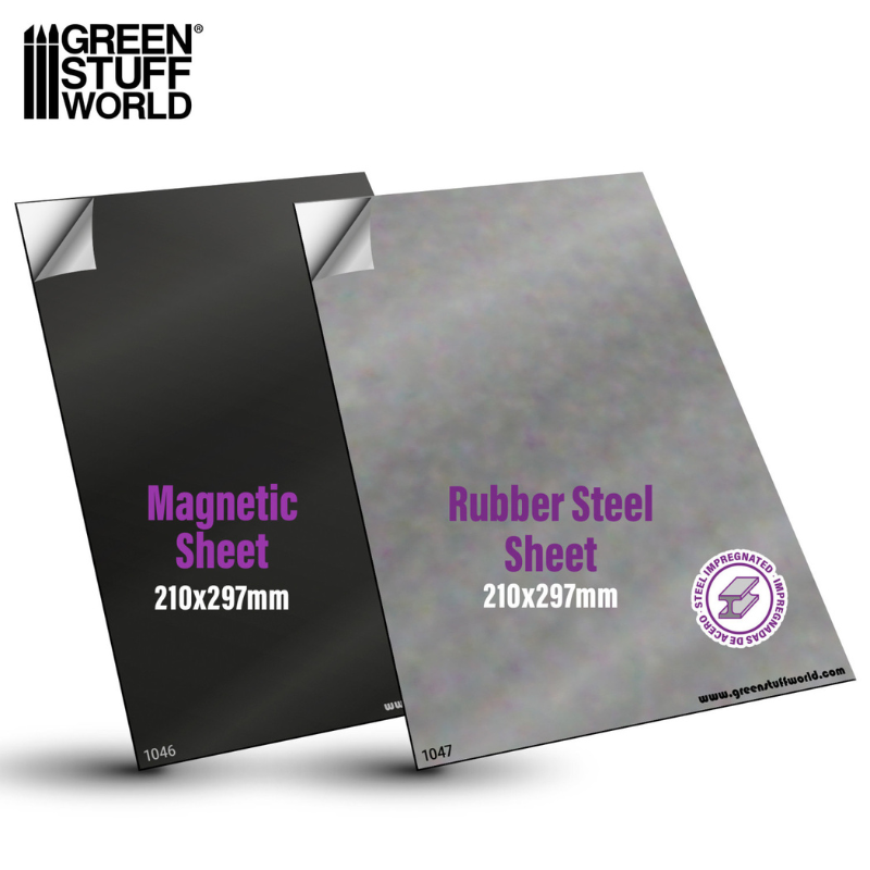 Magnetic Sheet COMBO Green Stuff World – dwa arkusze A4 samoprzylepne: czarny arkusz magnetyczny i szary arkusz stalowy impregnowany żelazem
