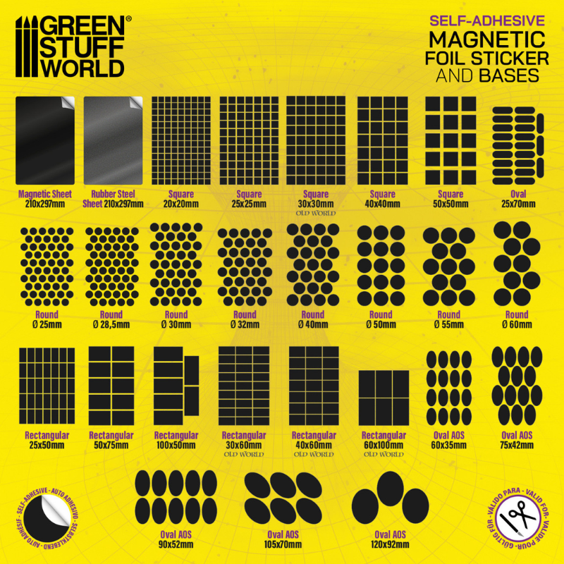 Magnetic Sheet COMBO GSW – tabela kompatybilności: dostępne kształty i rozmiary arkuszy magnetycznych i stalowych Green Stuff World
