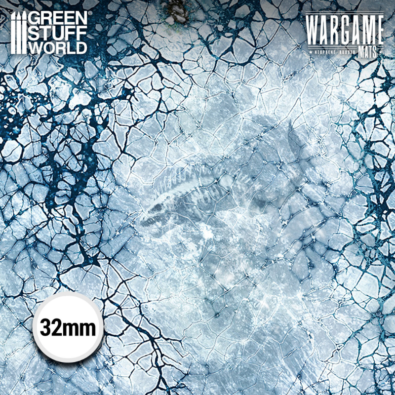 Mata do gry Blizzard Hollows – zbliżenie na zamarznięty strumień z pękającym lodem i śniegiem – Green Stuff World Wargame Mats
