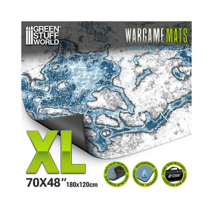 Mata do gry Blizzard Hollows – widok ogólny maty z zimowym terenem i śniegiem – Green Stuff World Wargame Mats
