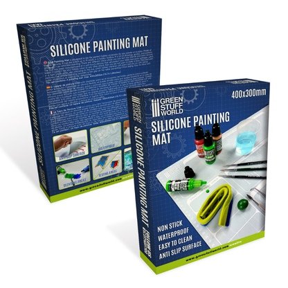 Silicone Painting Mat 400x300mm - pudełko GSW z przodu i tyłu, opis właściwości: non stick, waterproof, easy to clean, anti slip | Green Stuff World
