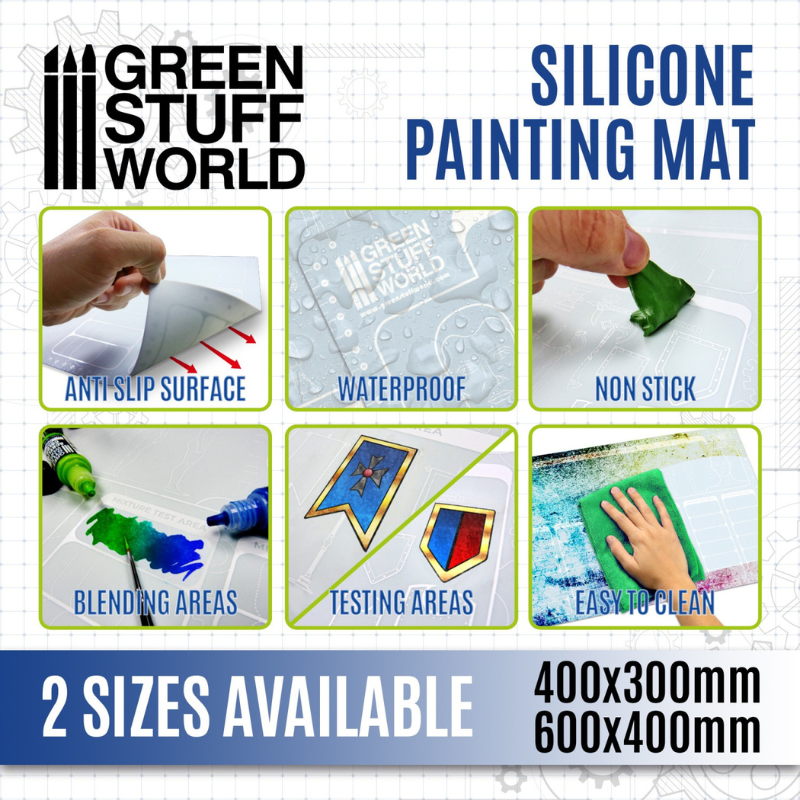 Silicone Painting Mat 400x300mm - infografika: 6 stref (anti slip, waterproof, non stick, blending areas, testing areas, easy to clean), 2 rozmiary | Green Stuff World
