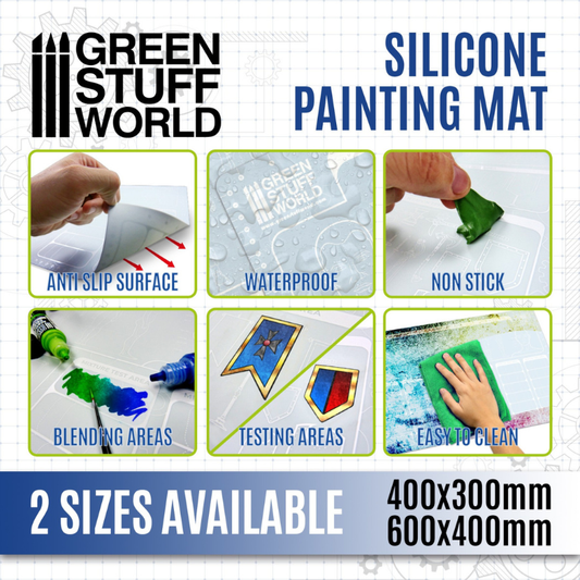Silicone Painting Mat 400x300mm - infografika: 6 stref (anti slip, waterproof, non stick, blending areas, testing areas, easy to clean), 2 rozmiary | Green Stuff World
