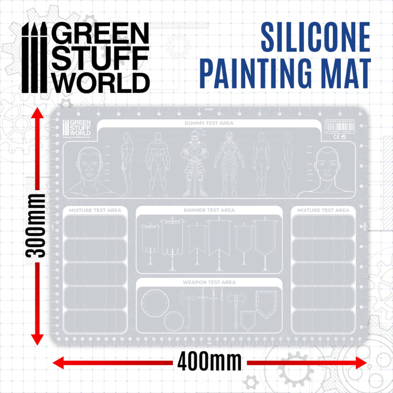 Silicone Painting Mat 400x300mm - widok z góry z zaznaczonymi strefami: dummy test, mixture test, banner test, weapon test, wymiary 400x300mm | Green Stuff World
