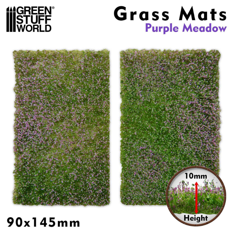 Grass Mat Cutouts Purple Meadow Green Stuff World 10342 – dwie maty trawiaste 90x145mm z zieloną trawą i fioletowymi kwiatami, wysokość włókna 10mm, logo GSW Grass Mats
