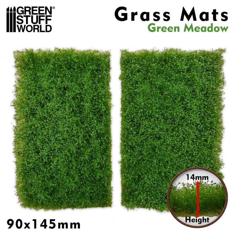 Grass Mat Cutouts Green Meadow Green Stuff World 10337 – dwie maty trawiaste 90x145mm z zieloną trawą i białymi kwiatkami, wysokość włókna 14mm, logo GSW Grass Mats
