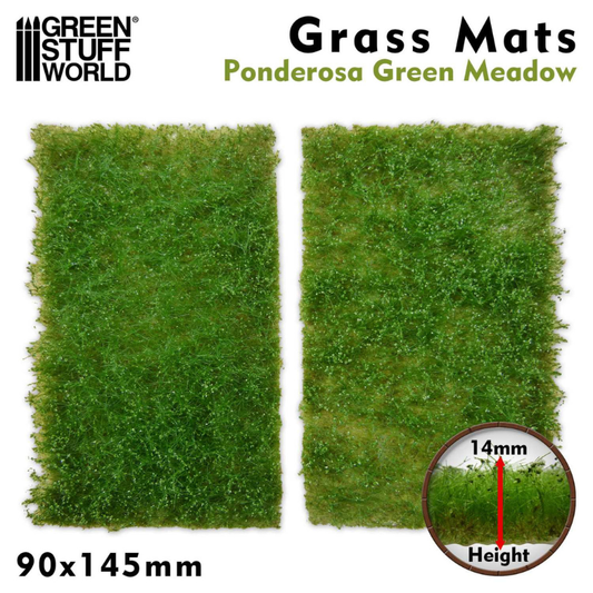 Grass Mat Cutouts Ponderosa Green Meadow Green Stuff World 10338 – dwie maty trawiaste 90x145mm z gęstą zieloną trawą, wysokość włókna 14mm, logo GSW Grass Mats
