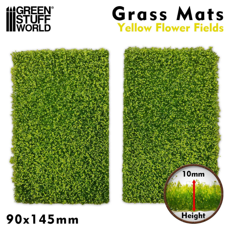 Grass Mat Cutouts Yellow Flower Field Green Stuff World 10341 – dwie maty trawiaste 90x145mm z zieloną trawą i żółtymi kwiatami, wysokość włókna 10mm, logo GSW Grass Mats
