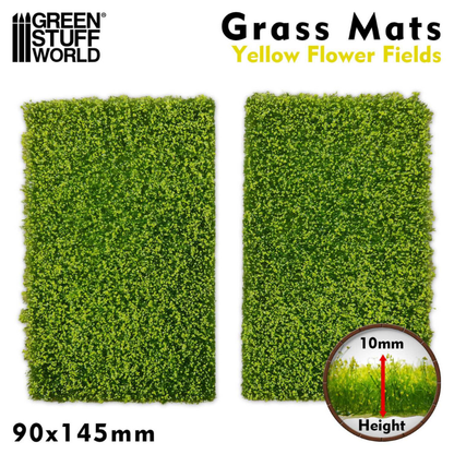 Grass Mat Cutouts Yellow Flower Field Green Stuff World 10341 – dwie maty trawiaste 90x145mm z zieloną trawą i żółtymi kwiatami, wysokość włókna 10mm, logo GSW Grass Mats
