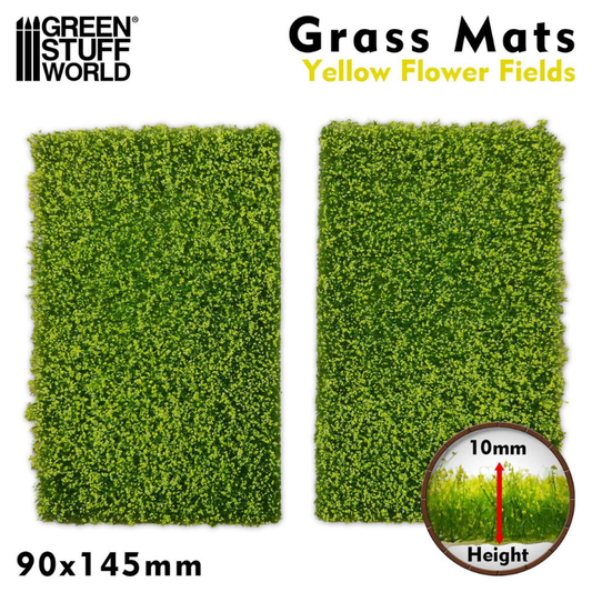 Grass Mat Cutouts Yellow Flower Field Green Stuff World 10341 – dwie maty trawiaste 90x145mm z zieloną trawą i żółtymi kwiatami, wysokość włókna 10mm, logo GSW Grass Mats
