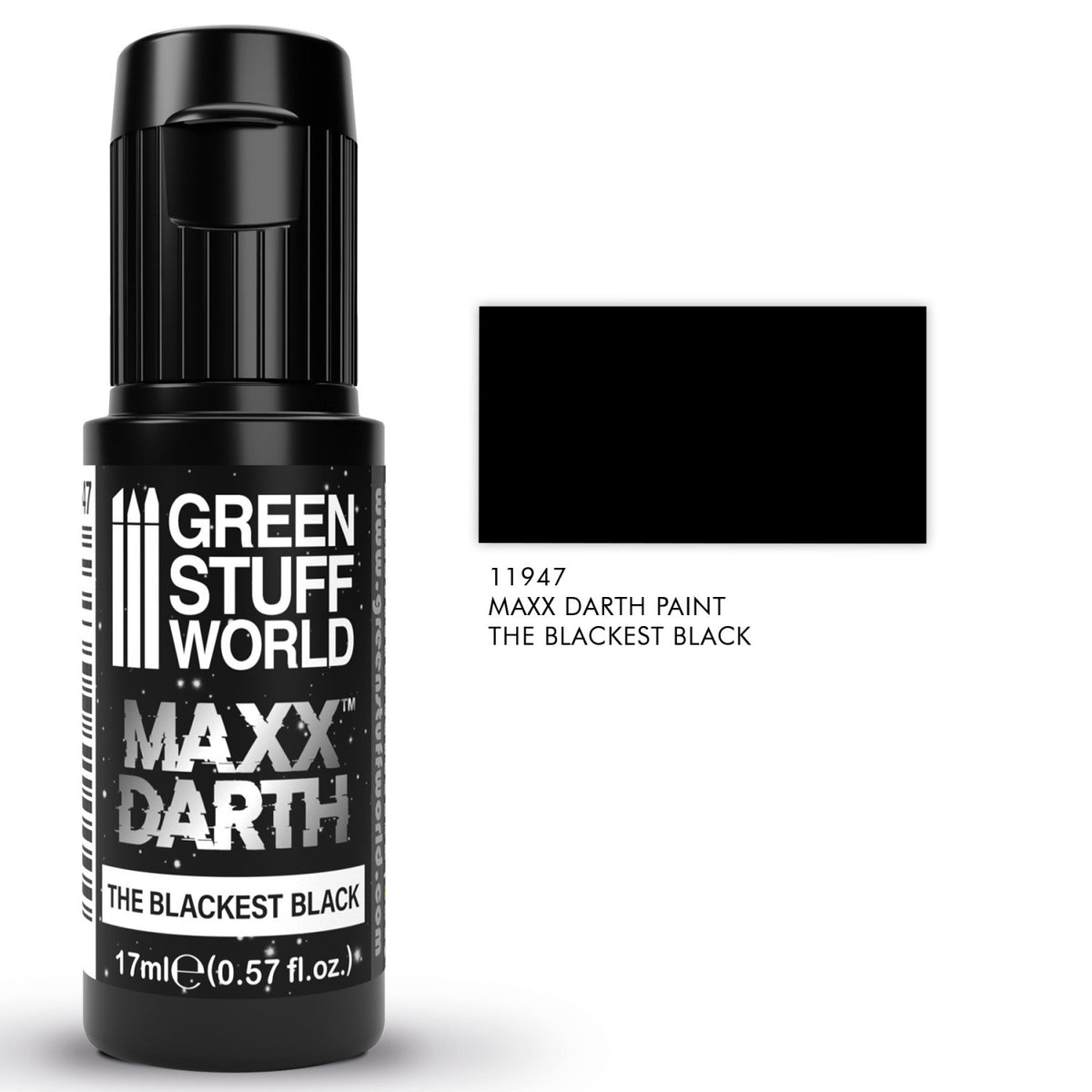 Maxx Darth Black Paint Green Stuff World 17ml – butelka z próbką koloru, napis "The Blackest Black", SKU 11947
