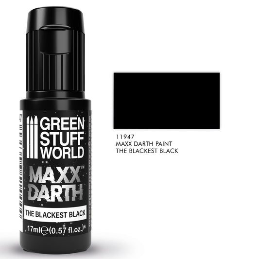 Maxx Darth Black Paint Green Stuff World 17ml – butelka z próbką koloru, napis "The Blackest Black", SKU 11947
