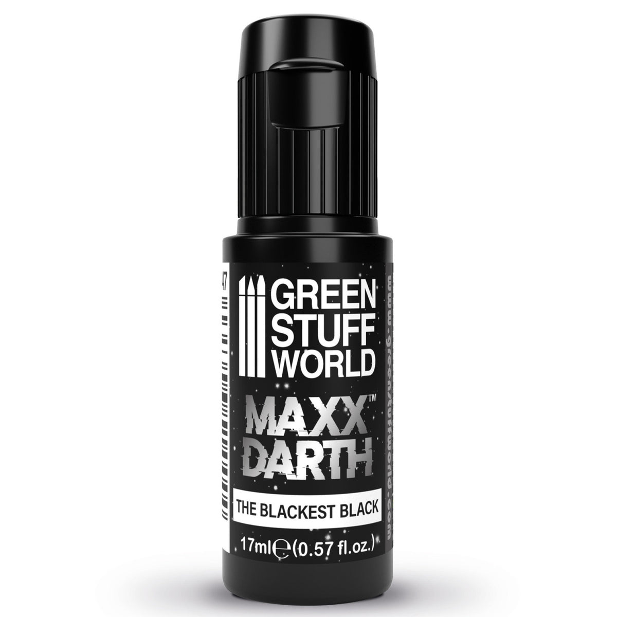 Maxx Darth Black Paint Green Stuff World – butelka 17ml z zakrętką Flip Top, widok z boku, napis "The Blackest Black"
