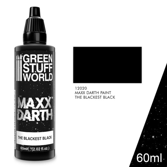 Maxx Darth Black Paint Green Stuff World 60ml – butelka z próbką koloru, napis "The Blackest Black", SKU 12020
